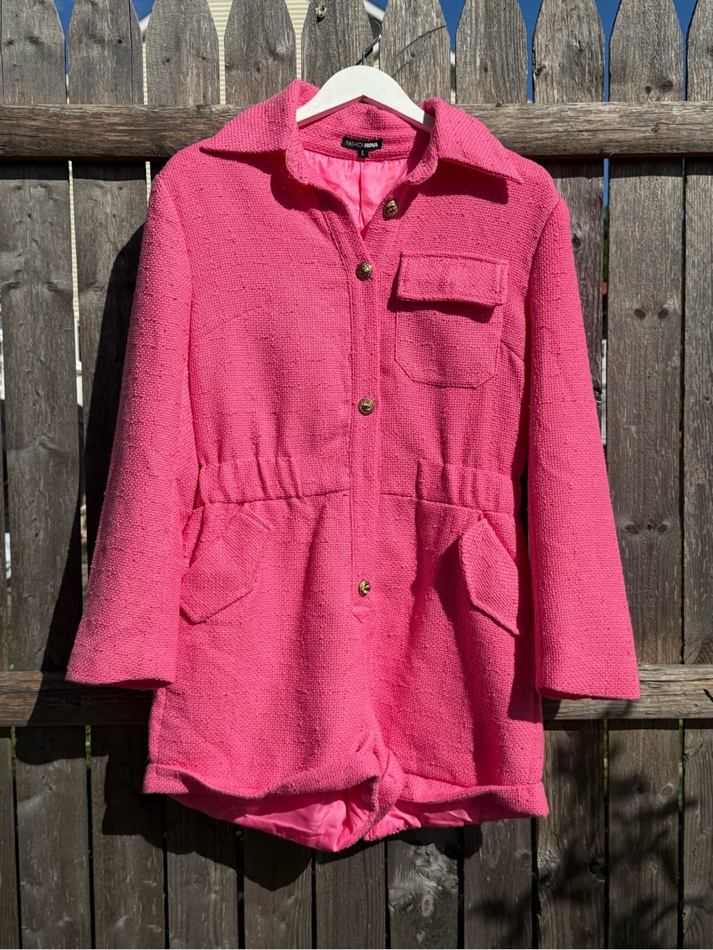 Pink Tweed Textured Button-Front Jacket